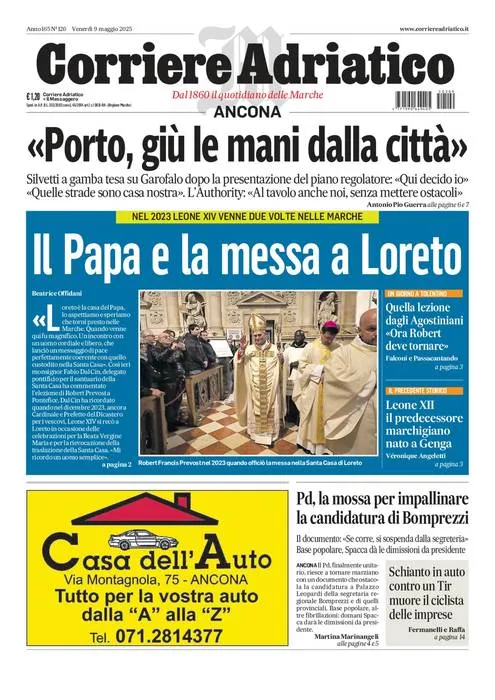 Prima-pagina-corriere adriatico-edizione-di-oggi-09-05-2025